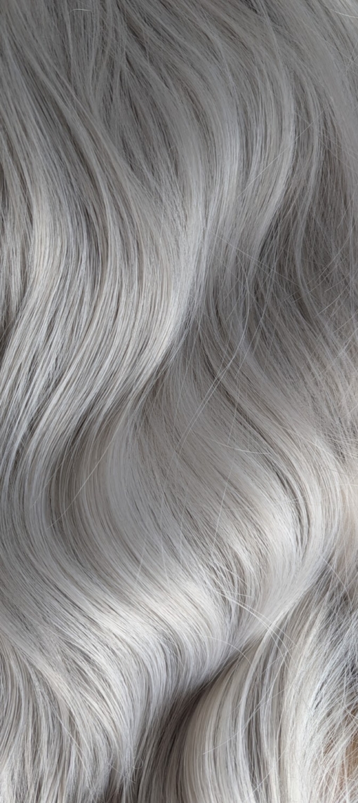 Cloudburst - Lush Wigs UK A Natural light grey/diamond blonde mix wig from roots to tips. A one length cut, styled in loose beachy waves with a sleek blunt fringe.