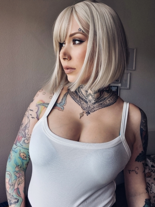Ivory - Lush Wigs UK A classic one length bob in a diamond blonde colour from roots to tips. Cut into a sleek blunt on length style with light fringe.