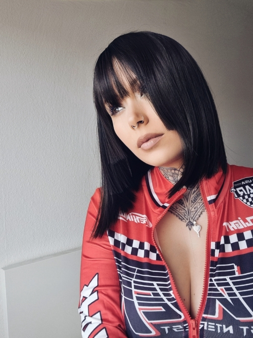 Nix - Lush Wigs UK A long bob with a difference, defined door step like three layers adding a dynamic edge to the cut. Dark brown from roots to tips, styled dead straight with a blunt sleek fringe.