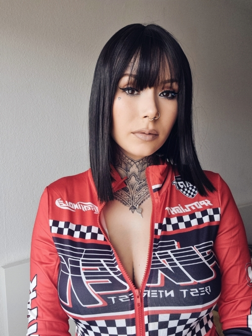 Nix - Lush Wigs UK A long bob with a difference, defined door step like three layers adding a dynamic edge to the cut. Dark brown from roots to tips, styled dead straight with a blunt sleek fringe.